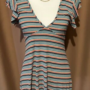 Wild Fable Striped V-Neck Flutter Sleeve Dress - Coral, Teal, Black & White